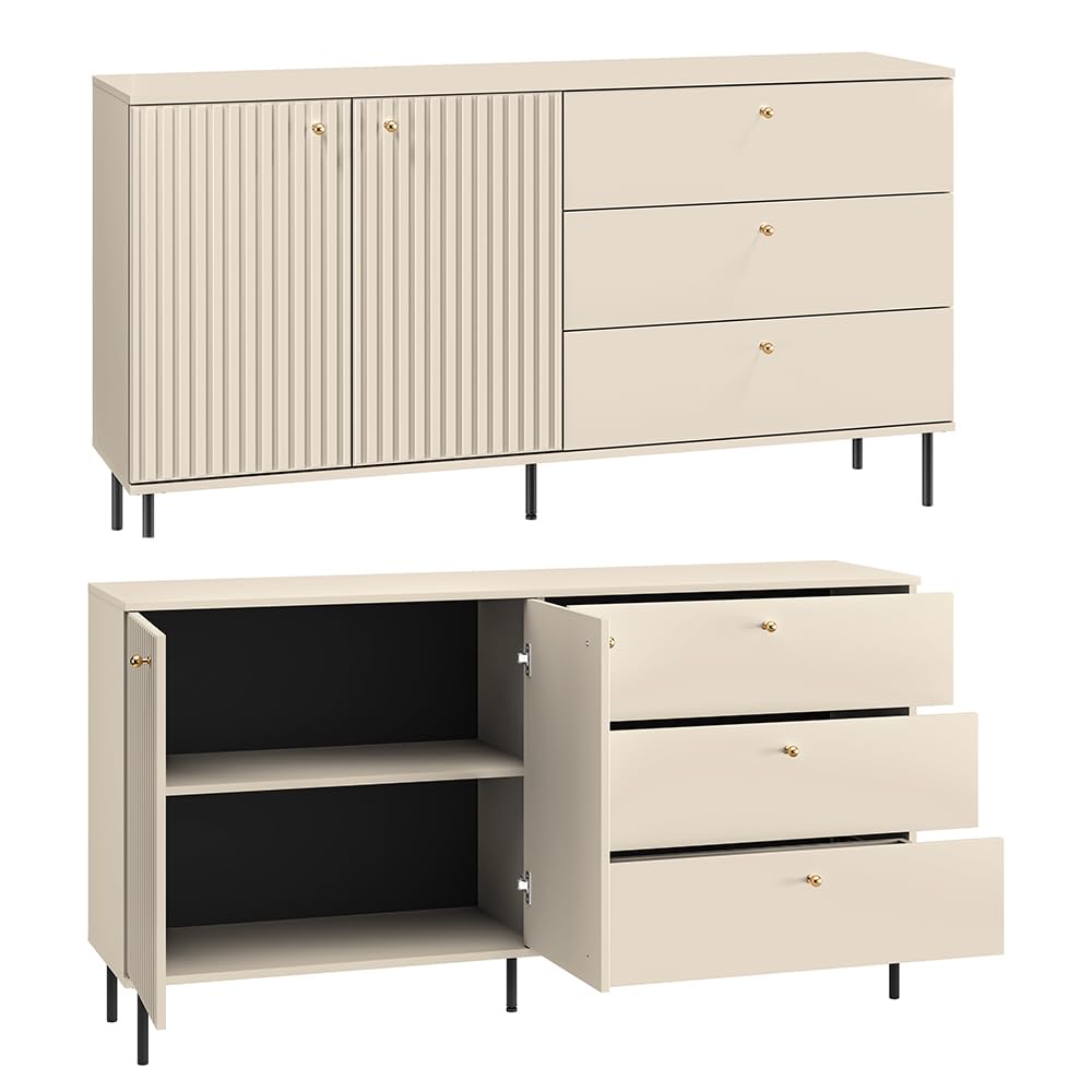 Lomadox Wohnzimmer Set in Kaschmir matt modern 6-teilig mit goldfarbenen Griffen, gerillter Optik, Softclose-Funktion mit TV-Board, Kleiderschrank, Vitrine, Wandboard, Sideboard, Vitrinenschrank