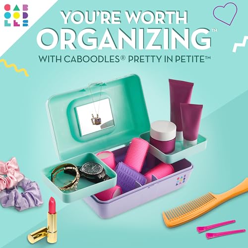 Image of Caboodles Pretty in Petite Makeup Box, Two-Tone Seafoam on Lavender, Hard Plastic Organizer Box, 2 Swivel Trays, Fashion Mirror, Secure Latch for Safe Travel