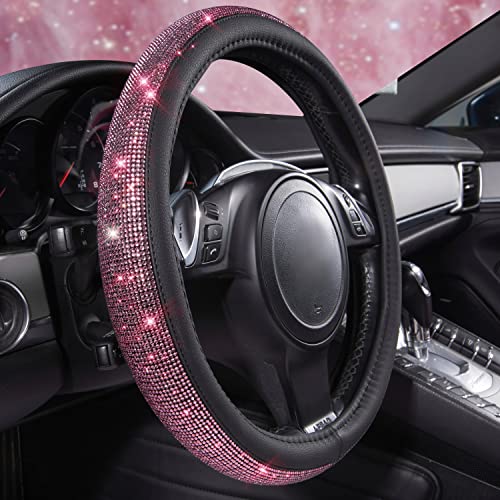 Image of CAR PASS Bling Diamond Leather Steering Wheel Cover, Bling Sparkly Crystal Glitter Rhinestones Universal Fit 14 inch 1 /2-15 inch Car Wheel Protect for Women Girl Fit Suvs,Vans,Sedans,Cars,Trucks, Pink Black