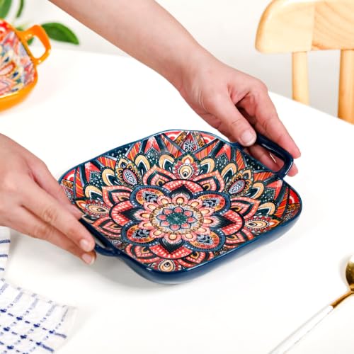 Image of Nestasia Mandala Ceramic Serving Platter with Handles - Square Floral Serving Tray with Glossy Finish | Dishwasher & Microwave Safe Serving Platter for Snacks, Salads & Starters (Blue)