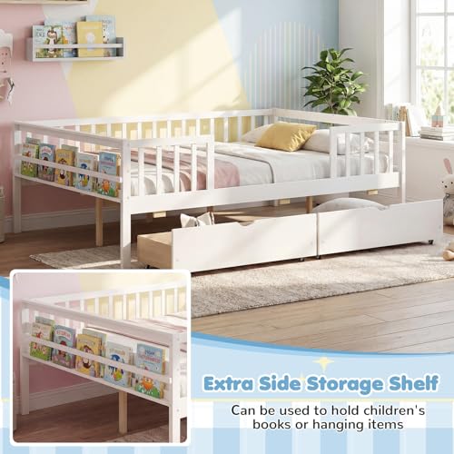 Image of KOMFOTT Full Bed Frame with Rails, Wood Daybed with Side Shelf & 2 Storage Drawers, Platform Bed with Guardrail & Wooden Slat Support for Kids Teens, No Box Spring Needed (Full,White)