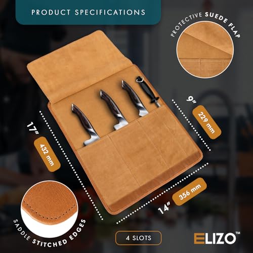 Image of ELIZO Leather Knife Roll Bag Professional Chef Knife Case, Durable Knife Sheath Holder, Cooks & Culinary Tools Carrying Storage, Portable Knife Wrap - 4 Slots