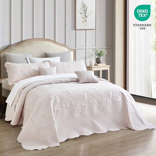 Image of Oversized King Bedspread 128x120 Extra Wide, Embossed Paisley Quilt Set King /Cal King, Lightweight Reversible Coverlet, Scalloped Edge - Soft Fresh Look, 5 Piece, Gray Lilac