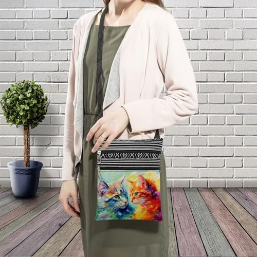 Colorful Cat Messenger Bag Small Ethnic Pattern Printed Adjustable Strap Crossbody Zipper Bag Colorful Cat Phone Bag Wallet Cute Shoulder Handbag for Women -53