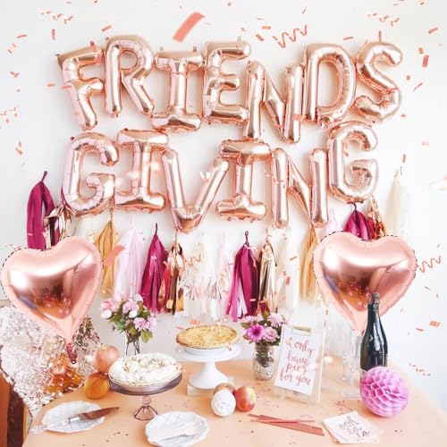 Image of Friendsgiving Balloons Friends Giving Party Decorations 16 Inches Tall Rose Gold Heart Friendsgiving Foil Mylar Balloon Letter Banner for Fall Theme Thanksgiving Friends Party Backdrop Supplies