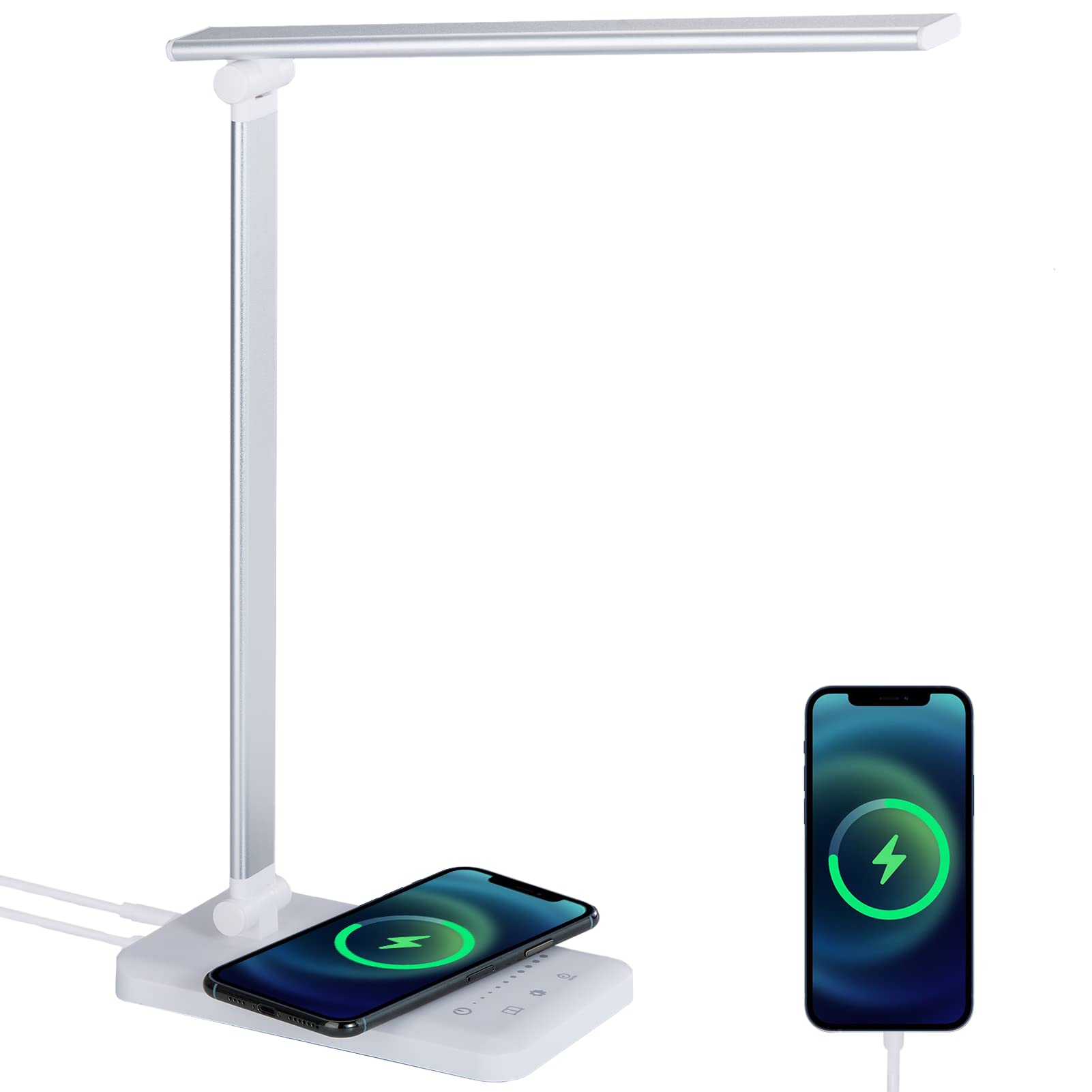 Liwqolx Lámpara Escritorio LED, Cargador Inalámbrico y Puerto de Carga USB, Flexo de Escritorio de Lectura con 5 Modos y 10 Niveles de Brillo, Cuidado Ocular, Temporizador de 45min, Control Táctil