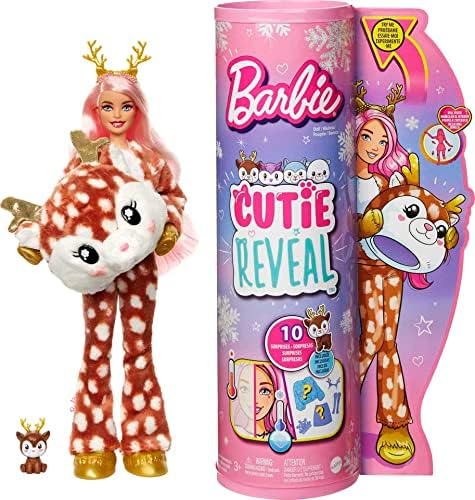 Barbie Cutie Reveal Doll, Snowflake Sparkle Series Deer Plush Costume, 10 Surprises Including Mini Pet & Color Change