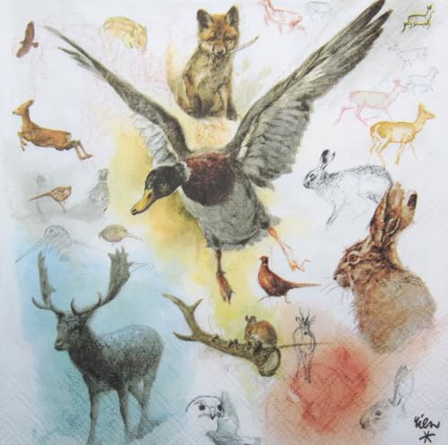 Set of 2 Individual Decoupage Paper Party Napkin Duck Wildlife Rabbit Deer Watercolor Decor Luncheon Napkins for a Birthday Holiday, Wedding, Cocktail Party