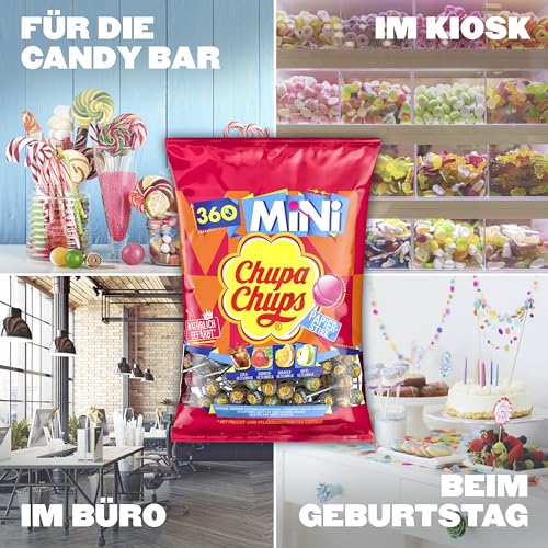 Chupa Chups Mini Classic Lutscher-Beutel, enthält 360 Mini-Lollis in den 4 Geschmacksrichtungen Cola, Orange, Erdbeere, Apfel, geeignet für Geburtstag, 360 x 6g