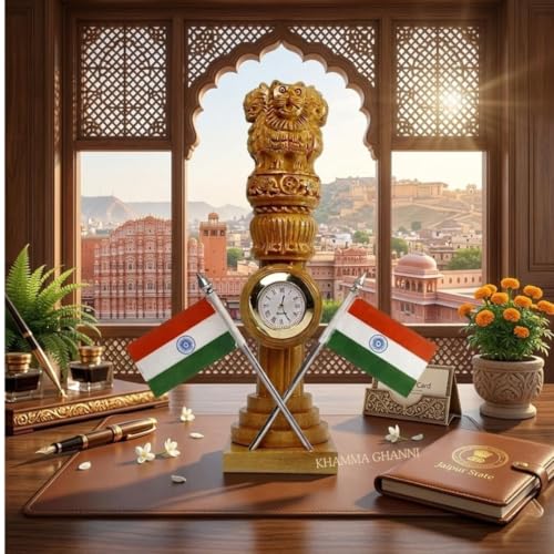 Image of Wooden Carved Ashoka Stambh Pillar with 2 Flags & Analog Clock for Office and Study Table Ii Brown Color Pack of 1 (2.4Wx2.4Lx8.5H Inches)
