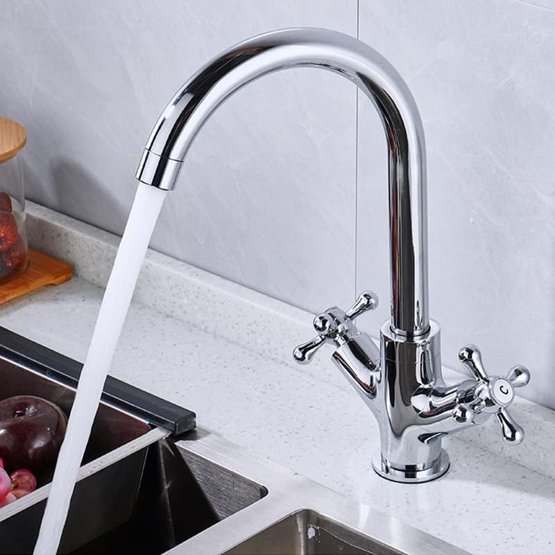 for Bar Farmhouse Commercial, Double Handle Faucets, Kitchen Sink Rotatable Spout Faucet, Hot Cold Water Mixer Rotatble Style Brass Tap