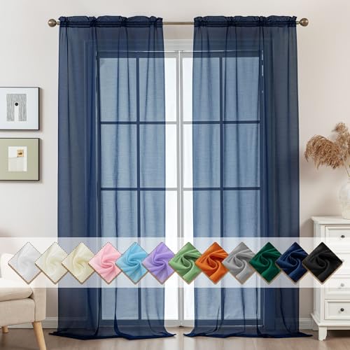 Image of Navy Blue Sheer Curtains 108 Inches Extra Long, Privacy Semi Sheer Curtains for Living Room Bedroom, Light Filtering Rod Pocket Voile Window Drapes 2 Panels Set, Each 42 inch W x 108 inch L