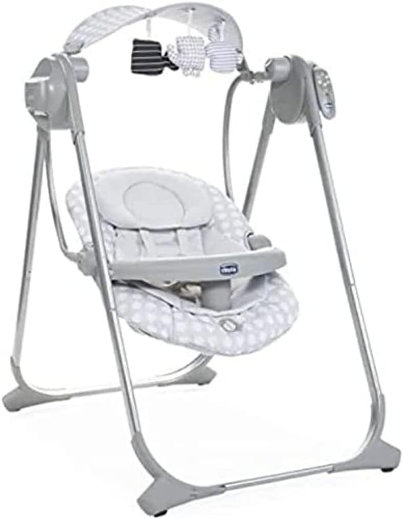 Chicco Swing Relax & Play for 0 months- approx. 1 year (Upto 9 Kgs) baby, Battery Operated, Adjustable Swing Motion, Adjustable Reclining Seat, 5-Point Safety Harness, Toy Bar and Music (12 melodies), Removable and Washable Seat Pad, Compact Folding, (Cool Grey)