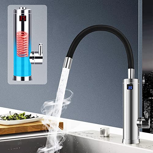 Elektrisch Durchlauferhitzer Wasserhahn Küche Spültisch Sofort Warm Edelstahl Armatur, 360° Einstellbarer Schlauch, LED Temperaturanzeige 3000W Cover