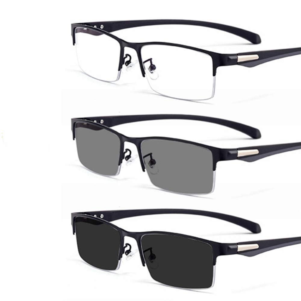 Progressive Lesebrille Bifokal, Selbsttönende Multifokale Sonnenbrille, Photochrome Herren Halbbrille Anti-Müdigkeit +2.50