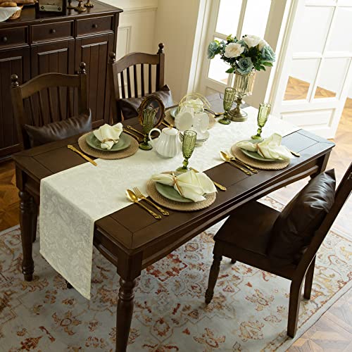 Joyfol Day Jacquard Fabric Table Runner, Luxury Damask Dresser Scarf,Wrinkle Resistant Spillproof Soil Resistant Table Runners, For Party,Dresser Decor And Dining Room Decorations(14 X 72 Inch,Ivory) #TOP2