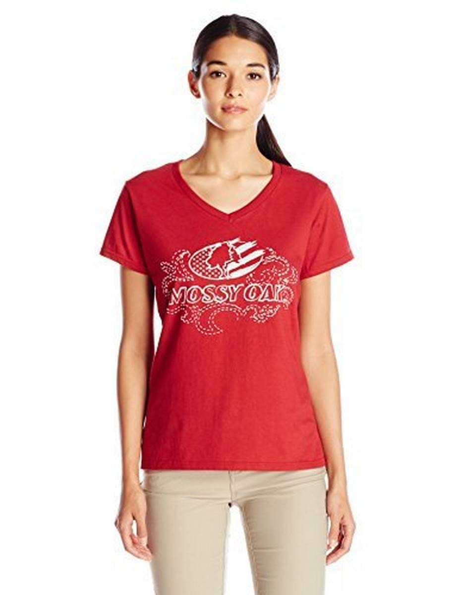 Mossy Oak Women's Short Sleeve V-Neck Front Graphic Tee, Independence Red, Medium