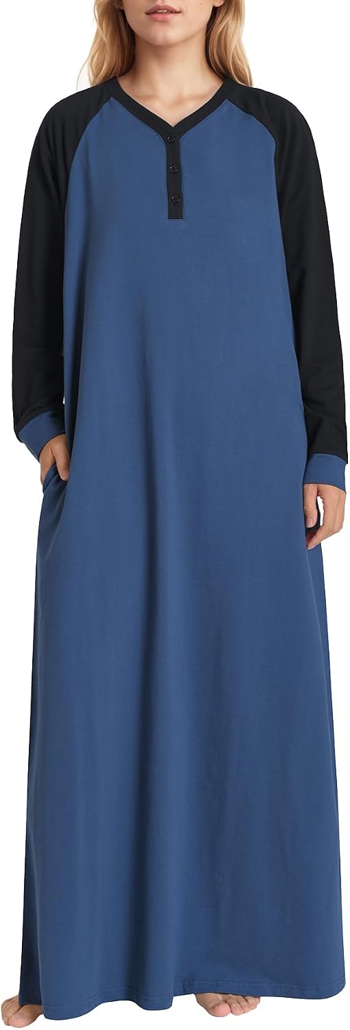 Latuza Women's Long Sleeve Cotton Nightgown with Pockets