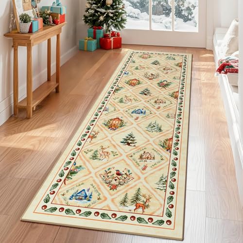 Geanup Weihnachtsteppich Läufer für Flur 60 x 180 cm, Waschbar rutschfest Teppich Weihnachten, Beige Elchhirsch Weihnachtsläufer Teppich für Schlafzimmer Wohnzimmer Badezimmer Weihnachtsdekoration