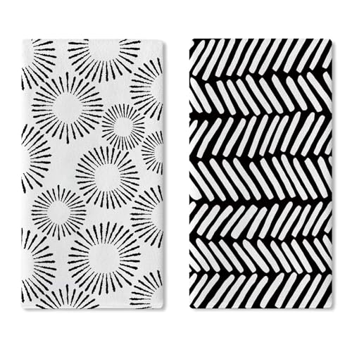 Croar Boho Black White Geometric Kitchen Dish Towels Set of 2, Modern Abstract Flowers Line Art Drying Hand Towel Baking Cooking Cloth, Bohemian Bathroom Home Decoration 18 x 26 Inches