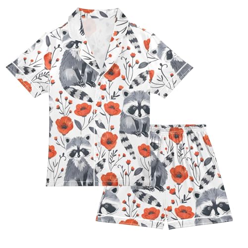 ALAZA Raccoon Blossom Floral White Satin Pajamas Set Short Sleeve Button Down Sleepwear Summer Pjs 2 Piece