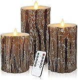Aku Tonpa Pine Bark Effect Flameless Candles Battery Operated Pillar Real Wax Flickering Moving Wick Electric LED Candle Sets with Remote Control Cycling 24 Hours Timer, 4