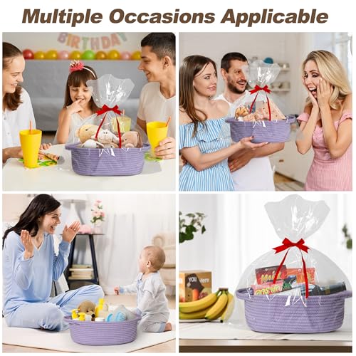 Image of Small Baskets for Gifts Empty, 13 inchx 9 inchx 5 inch Woven Gift Basket with Bag and Ribbon, Cotton Rope Kids Dog Cat Toy Bin Box, Cute Baby Nursery Organizer, Decorative Storage with Handles,Purple