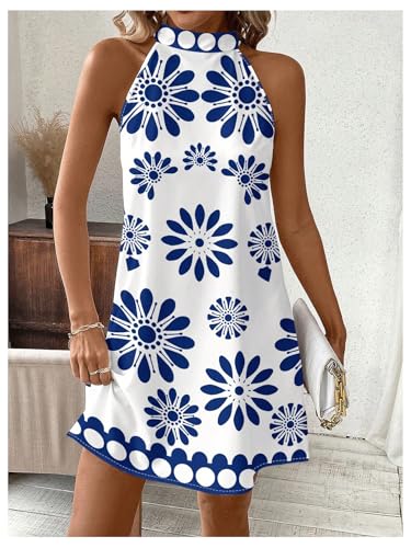 Image of Floerns Women's Sleeveless Floral Print Sundress Halter Neck A Line Short Dress