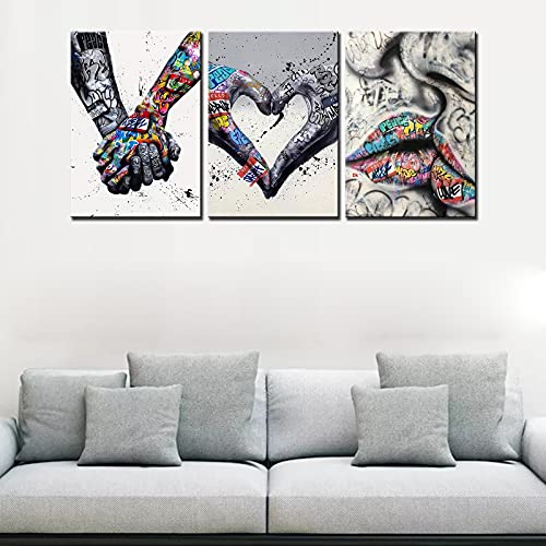 Banksy Graffiti schilderijen, Heart Love, Romantic Kiss, 3-delige prints op canvas, ingelijste woondecoratie, klaar om op te hangen, 105 x 50 cm (b x h) - Afbeelding 4