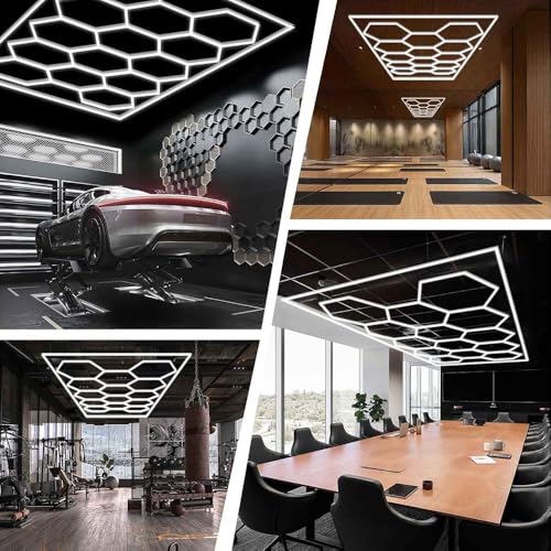 XAEIOW 14pcs Hexagon Waben LED Licht mit Rahmen, Super helle reine weiße LED Garage Werkstatt Werkstatt Beleuchtung für Keller, Lager, Auto Schönheitssalon, Auto Detailing Shop, Haus, Büro