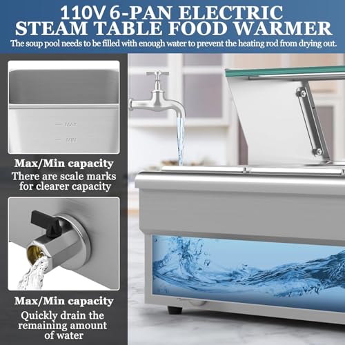 Commercial Food Warmer, 110v 1500w Electric Stainless Steel Bain Steam Table Food Warmer with 1/3 Large Capacity Pans for Catering and Parties Restaurants Business Occasion (6 Pan) - Thumbnail 5