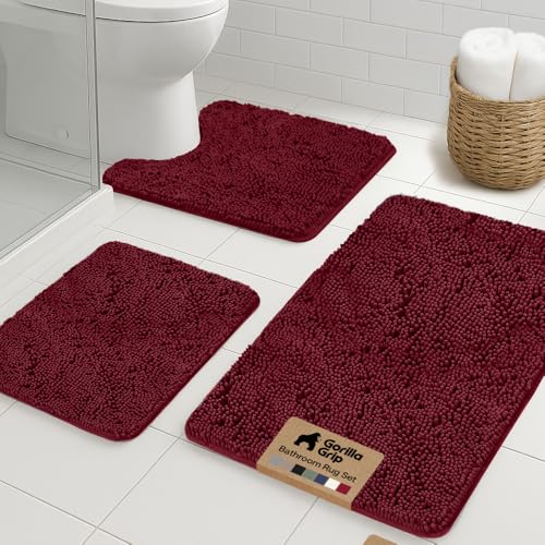 GORILLA GRIP Bathroom Rug Sets 3 Piece Bath Mat Set and Oval Toilet Base with Rubber Backing Plush Absorbent Shaggy Chenille Washable Mats Includes 24x19.5 24x17 and 30x20 Inch Rugs Burgundy