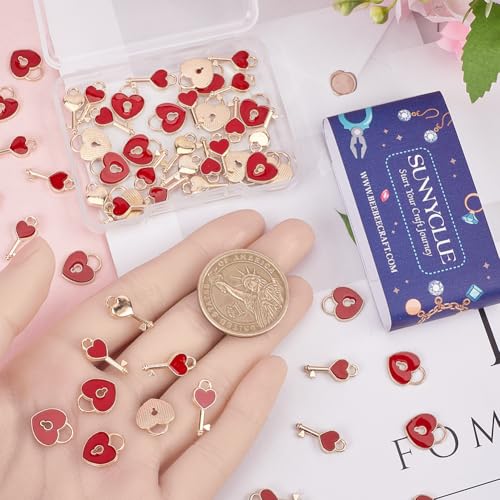 SUNNYCLUE 1 BOX 60Pcs Valentines Day Heart Charm Bulk Lock Charms Love Alloy Key Wedding Small Enamel Gold Red Lucky Mini Anniversary Charms for jewellery Making Charms Bracelet Crafting Beginner Adul - Image 3