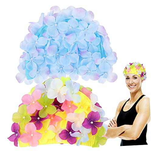 CORHAD 2pcs Floral Swim Caps Flower Design Non-Slip Swimming Hats for Women Comfortable Bathing Caps for Fits All