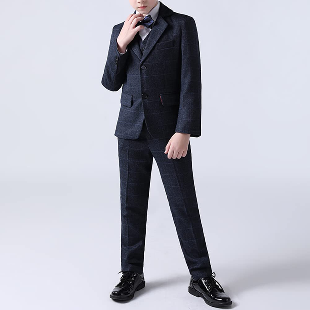 GUOCU Kinderanzug 5-teilig Jungen Anzüge Kinder Klassisches Blau Kariertes Anzug-Set Gentleman Smoking Jacke Sakkos+Weste+Hemd+Hosen+Fliege,Hochzeit Festlich Outfit Junge Kleidung Set Taufanzug