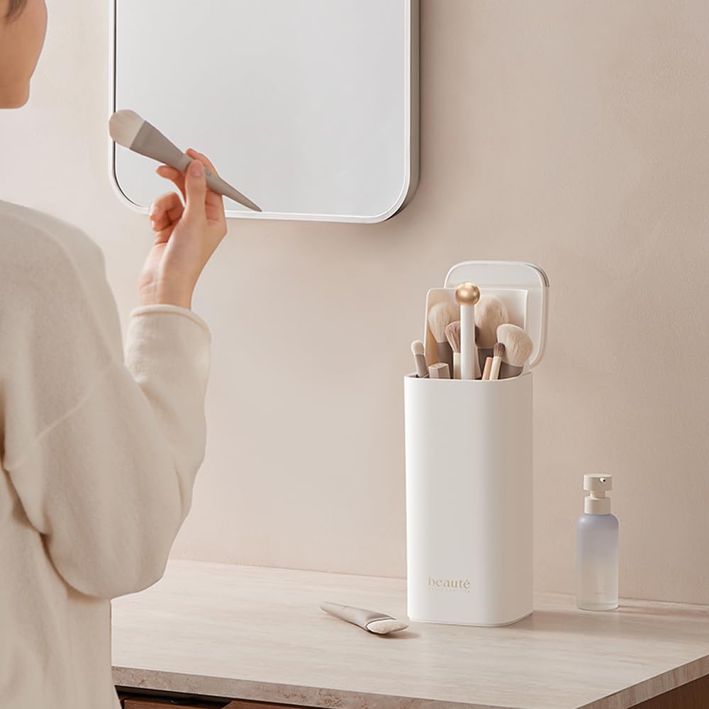 Esdallina Automatic Lifting Makeup Brush Holder with Lid Dustproof Cosmetic Organizers for Vanity-White - Image 2