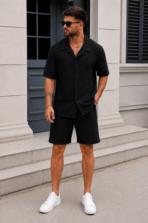 Image of Zilcon Men's Textured Co-Ord Set | Half Sleeve Cuban Collar Shirt & Shorts | Casual Summer Lounge Wear | Premium Matching Outfit