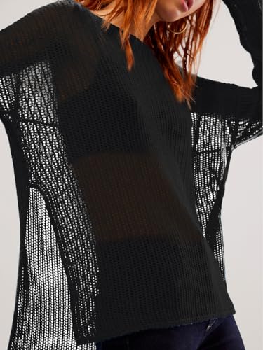 SuperPrity Womens Tops Long Sleeve Crochet Knit Top 2024 Hollow Out Side Split Swimsuit Cover Up Beach Vacation Outfit2