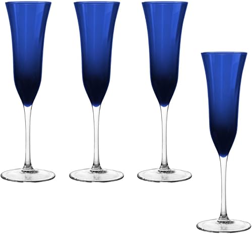QUALIA - Juego de 4 copas de champán azul meridiano para boda con efecto óptico, vasos de mimosa sin plomo de 4 onzas, copas de champán de vidrio de