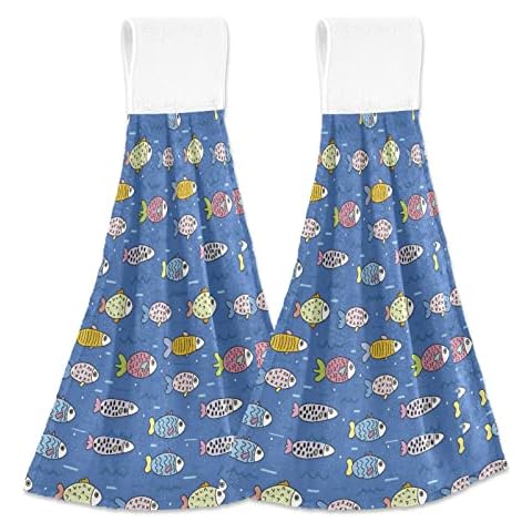 Sea Fish Blue Kitchen Hand Towels Set Absorbent Soft Hand Towels 2 Pack with Hanging Loop for Bathroom Farmhouse Bar Tabletop Cover