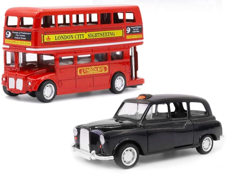 London Bus Diecast Model Double Decker Red Bus and Black Taxi Mini Models 1:32 Scale Pull-Back Buses Model Alloy Diecast Toy Vehicles Taxi Toys Metal Die Cast Free Wheeling Toy Gifts for Adults — image 1