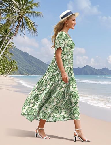 Image of YESNO Women's Summer Maxi Dresses Casual Floral Short Sleeve V Neck Boho Beach Vacation Swing Dress with Pockets EVF