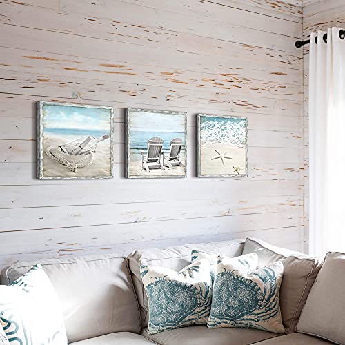 Coastal Pictures Framed Wall Artwork: Seascape Wall Decor Set Of 3 Beach Chairs & Drift Bottle Wall Art Starfish Prints On Wood For Bedroom #TOP2