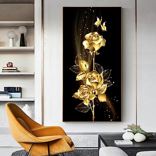Toile peinture murale fleur papillon deco salon minimaliste affiche or rose 70x140