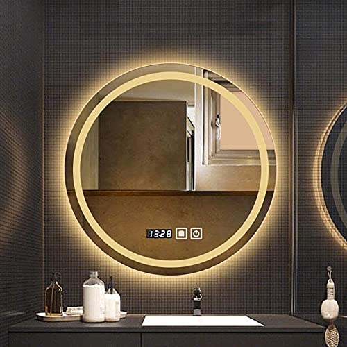 MKYOKO Espejo Redondo retroiluminado, Espejo de baño LED, Espejo de Maquillaje antivaho, Impermeable, Interruptor táctil + Espejo de Pared de Tiempo/Temperatura