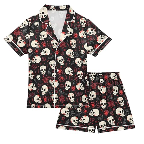 Cartoon Scary Skull Pattern Summer Satin Pajama Set, Cute Button-Down Sleepwear Pj Set for Sleep Wears