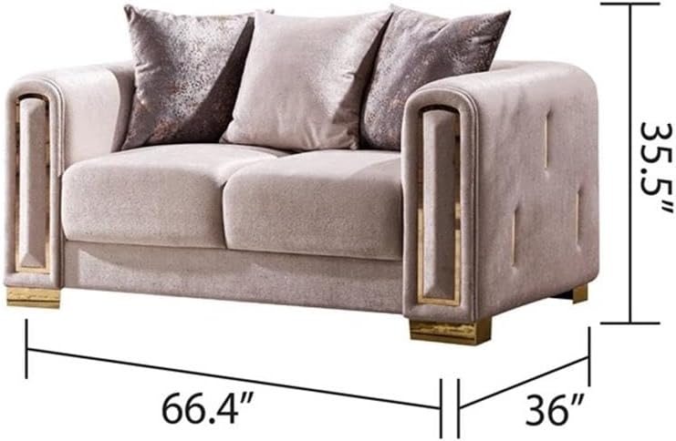 Pemberly Row Velvet Fabric Loveseat, Beige Finish, Solid Wood and Stainless Steel Frame, Gold Line Detail, Plush Upholstery, Luxurious Living Room Seating for Two