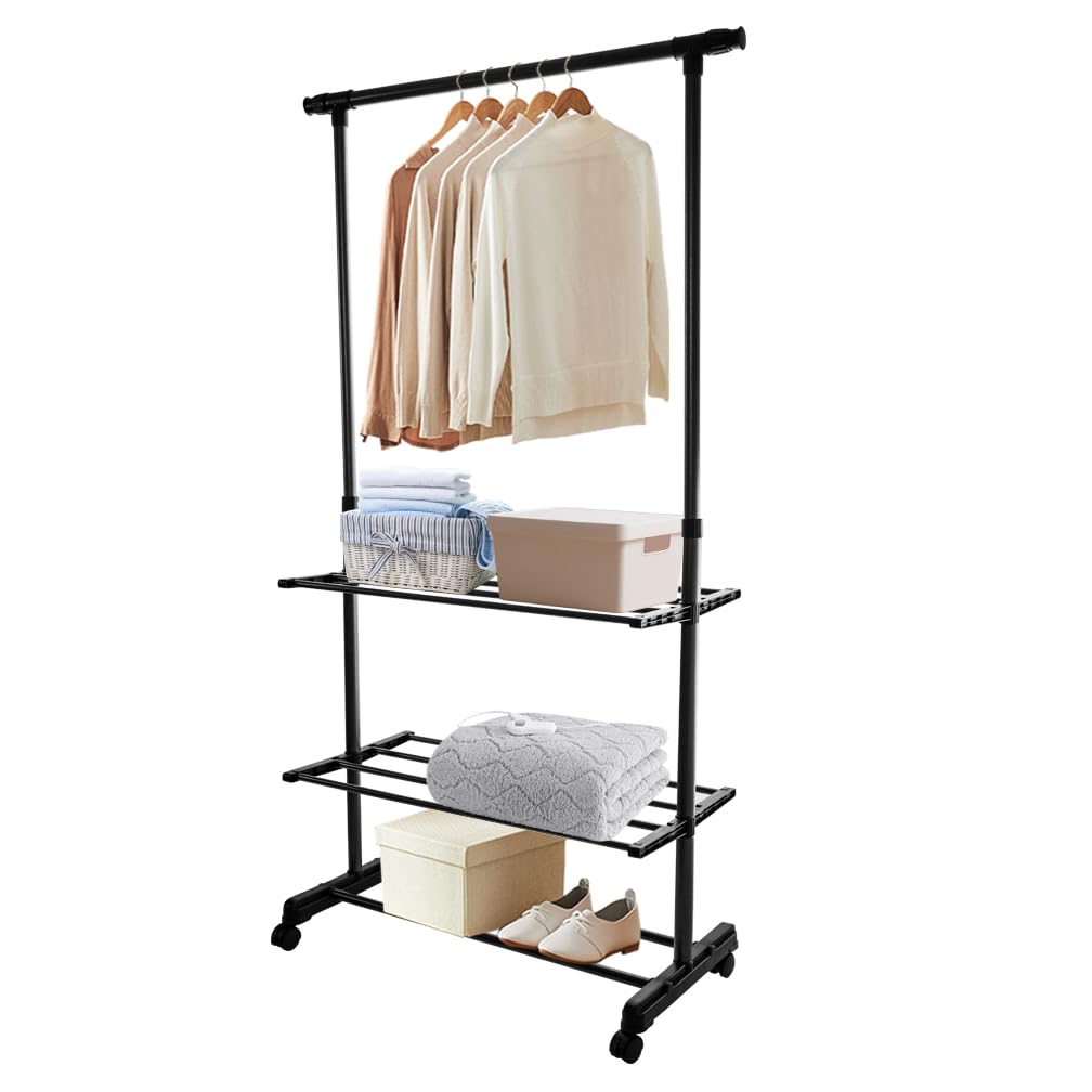 Hershii Adjustable Clothes Rack with 2 Shelves and Wheels Single Rod Clothing Hanging Rail 85-140cm L Garment Storage Stand Mobile Coat Organizer for Bedroom Living Room