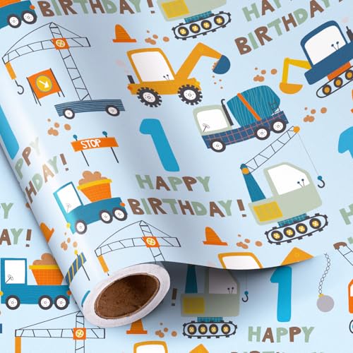 RUSPEPA 1st Birthday Wrapping Paper for Boy - Mini Roll - Blue Cartoon Cars Trucks and Happy Birthday Text Pattern for Boys' or Kids' Birthday Party and More - 17 inches x 16.4 feet - 1 Year Old