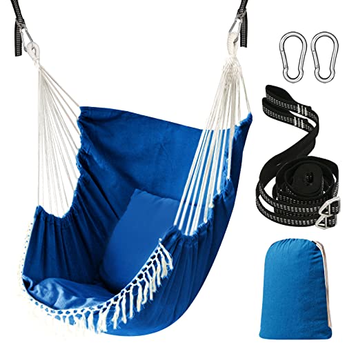 Chihee Hammock Chair Hanging Swing 2 Pillows Included,Strong Webbing Straps and Hooks for Easy Hanging Soft Cotton Hanging Chair Side Pocket Tassel Chair Comfort Indoor Outdoor Royal Blue